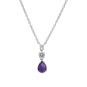 Collier en argent rhodi� cha�ne avec pendentif oxydes ronds blancs sertis et goutte oxyde violet 42+3cm - Vue 2