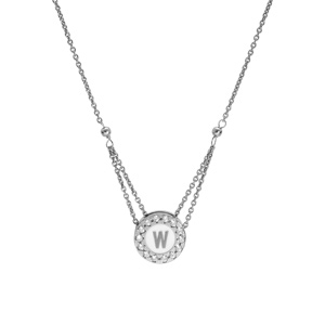 Collier en argent rhodi� cha�ne avec pendentif rond initiale W recto fond blanc et verso noire avec contour oxydes blancs sertis 40+5cm - Vue 2
