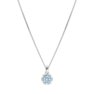 Collier en argent rhodi� cha�ne avec pendentif 5mm fleur avec oxydes bleu ciel et blancs sertis longueur 42+3cm - Vue 2
