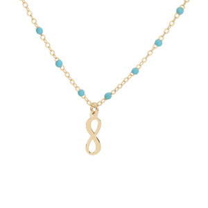 Collier en argent et dorure jaune cha�ne avec boules de couleur turquoise et motif infini 40+5cm - Vue 2