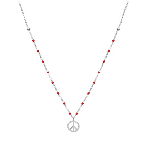 Collier en argent rhodi� cha�ne avec boules couleur rouges motif peace and love 40+5cm - Vue 2
