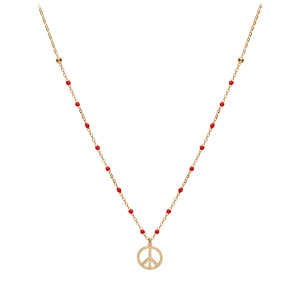 Collier en argent et dorure jaune cha�ne avec boules couleur rouge motif peace and love 40+5cm - Vue 2