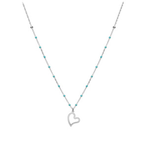 Collier en argent rhodi� cha�ne avec boules couleur turquoise avec pampille coeur 40+5cm - Vue 2
