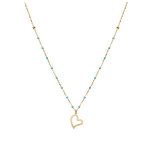 Collier en argent et dore jaune cha�ne avec boules couleur imitation avec pampille coeur 40+5cm - Vue 2