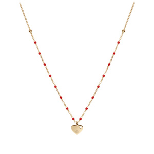 Collier en argent et dorure jaune cha�ne avec boules couleur rouge avec pendentif coeur 40+5cm - Vue 2