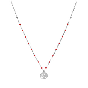 Collier en argent rhodi� cha�ne avec boules couleur rouge avec pendentif arbre de vie 40+5cm - Vue 2