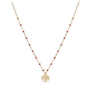 Collier en argent et dorure jaune cha�ne avec boules couleur rouge avec pendentif arbre de vie 40+5cm - Vue 2