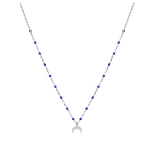 Collier en argent rhodi� cha�ne avec boules couleur bleu fonc� avec pendentif demi lune 40+5cm - Vue 2