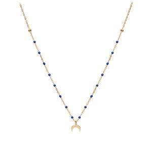 Collier en argent et dorure jaune cha�ne avec boules couleur bleu fonc� avec pendentif demi lune 40+5cm - Vue 2