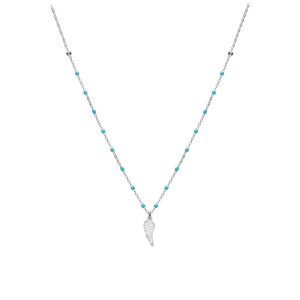 Collier en argent rhodi� cha�ne avec boules couleur turquoise avec pendentif plume 40+5cm - Vue 2