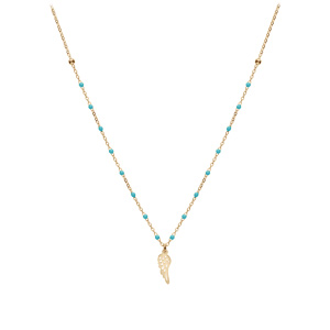 Collier en argent et dorure jaune cha�ne avec boules couleur turquoise avec pendentif plume 40+5cm - Vue 2
