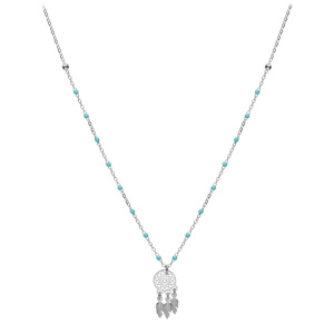 Collier en argent rhodi� cha�ne avec boules couleur turquoise avec pendentif attrape r�ve 40+5cm - Vue 2