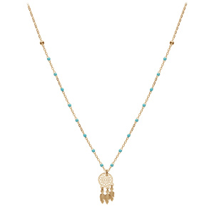 Collier en argent et dorure jaune cha�ne avec boules couleur turquoise avec pendentif attrape r�ve 40+5cm - Vue 2