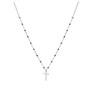 Collier en argent rhodi� cha�ne avec boules couleur noire avec pendentif croix 40+5cm - Vue 2
