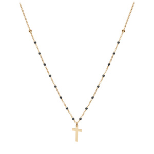 Collier en argent et dorure jaune cha�ne avec boules couleur noire avec pendentif croix 40+5cm - Vue 2