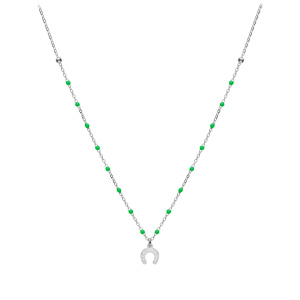 Collier en argent rhodi chane avec boules couleur verte avec pendentif fer  cheval 40+5cm - Vue 2