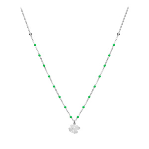 Collier en argent rhodi� cha�ne avec boules couleur verte avec pendentif tr�fles 40+5cm - Vue 2