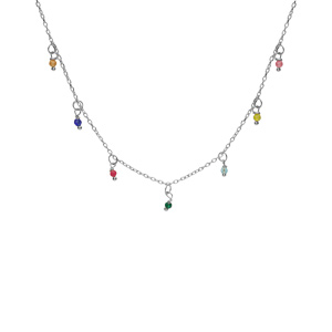 Collier en argent rhodi� cha�ne avec pampilles empierr�es multi couleurs 40+5cm - Vue 2