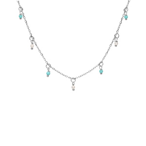 Collier en argent rhodi� cha�ne avec pampilles boules empierr�es couleur turquoise 40+5cm - Vue 2