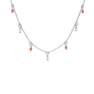 Collier en argent rhodi� cha�ne avec pampilles boules empierr�es rouges et blanches 40+5cm - Vue 2