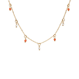 Collier en argent et dorure jaune cha�ne avec pampilles boules empierr�es rouges et blanches 40+5cm - Vue 2