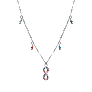 Collier en argent rhodi� cha�ne avec pendentif infini empierr�s et pampilles boules multi couleurs et 40+5cm - Vue 2