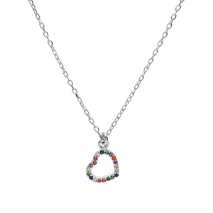Collier en argent rhodi� cha�ne avec pendentif coeur empierr�s multi couleurs 40+5cm - Vue 2