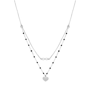 Collier en argent rhodi� double cha�ne avec infini et coeur et perles noires 40+5cm - Vue 2
