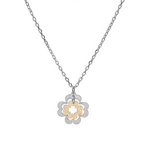Collier en argent rhodi� et dorure jaune cha�ne avec pendentifs double tr�fle 2 tons 40+5cm - Vue 2