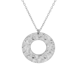 Collier en argent rhodi� cha�ne avec pendentif rond �vid� martel� 40+5cm - Vue 2