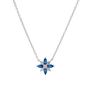 Collier en argent rhodi� cha�ne avec pendentif fleur avec oxydes blancs et bleus sertis 42+3cm - Vue 2