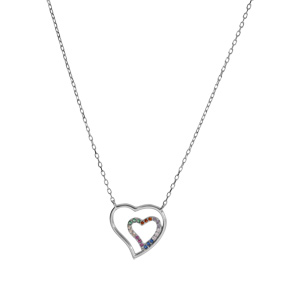 Collier argent rhodi� double coeur oxydes multi couleurs 40+4cm - Vue 2