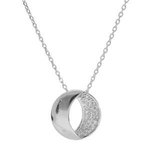 Collier en argent rhodi� cha�ne avec pendentif oval moiti� lisse et moiti� avec oxydes blancs sertis 42+3cm - Vue 2