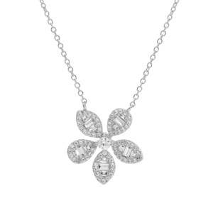 Collier en argent rhodi� cha�ne avec pendentif fleur stylis�e avec oxydes blancs sertis 42+3cm - Vue 2