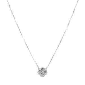 Collier en argent rhodi� tr�fle sur fond diamant� contour oxydes blancs - 40+5cm - Vue 2