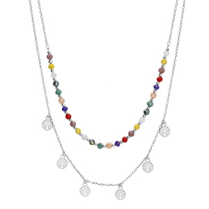 Collier en argent rhodi� double rangs avec pierres facet�es et pampilles arbre de vie 38+4cm - Vue 2