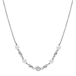 Collier en argent rhodi� pastille diamant�e et boule en verre blanche 38+5cm - Vue 2