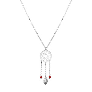 Collier en argent rhodi� cha�ne avec pendentif attrape r�ve et perles rouges 38+5cm - Vue 2