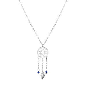 Collier en argent rhodi� cha�ne avec pendentif attrape r�ve et perles bleu fonc� 38+5cm - Vue 2