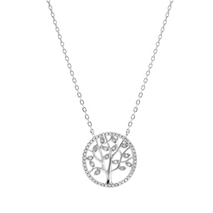 Collier en argent rhodi� cha�ne avec pendentif arbre de vie oxydes blancs et contour oxydes blancs sertis 40+3cm - Vue 2