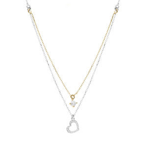 Collier argent rhodi� et dor� jaune coeur contour oxydes blancs r�glable 40 � 44cm - Vue 2