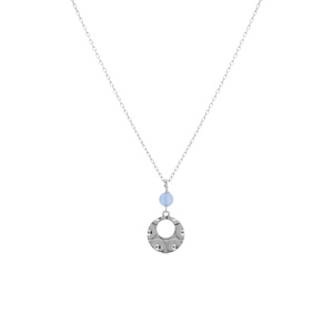 Collier argent rhodi� pendentif rond martel� avec 1 boule jade bleu ciel r�glable 40 � 45cm - Vue 2
