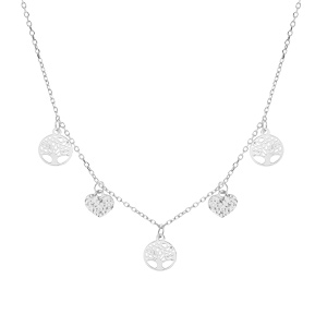 Collier en argent rhodi� cha�ne avec pampilles coeur diamant� et arbre de vie 40+4cm - Vue 2