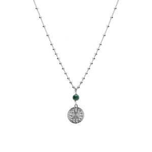 Collier argent rhodi� cha�ne boules pendentif cercle diamant� avec 1 boule malachite v�ritable r�glable 40 � 45cm - Vue 2