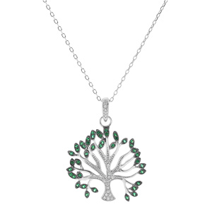 Collier en argent rhodi� massif cha�ne avec pendentif arbre de vie petit mod�le oxydes blancs et verts sertis 40+5cm - Vue 2