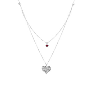 Collier argent rhodi� double cha�ne pendentif coeur diamant� et 1 oxyde rose r�glable 40 � 45cm - Vue 2
