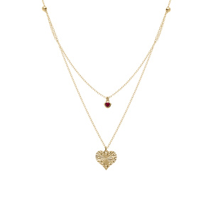Collier argent dor� jaune double cha�ne pendentif coeur diamant� et 1 oxyde rose r�glable 40 � 45cm - Vue 2