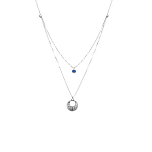 Collier argent rhodi� double cha�ne pendentif diamant� et 1 oxyde bleu r�glable 40 � 45cm - Vue 2