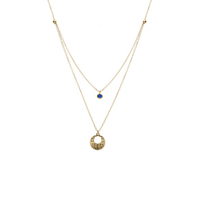 Collier argent dor� jaune double cha�ne pendentif diamant� et 1 oxyde bleu r�glable 40 � 45cm - Vue 2