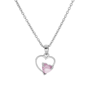 Collier en argent platin� cha�ne avec pendentif coeur avec 1 oxyde rose serti 42+3cm - Vue 2
